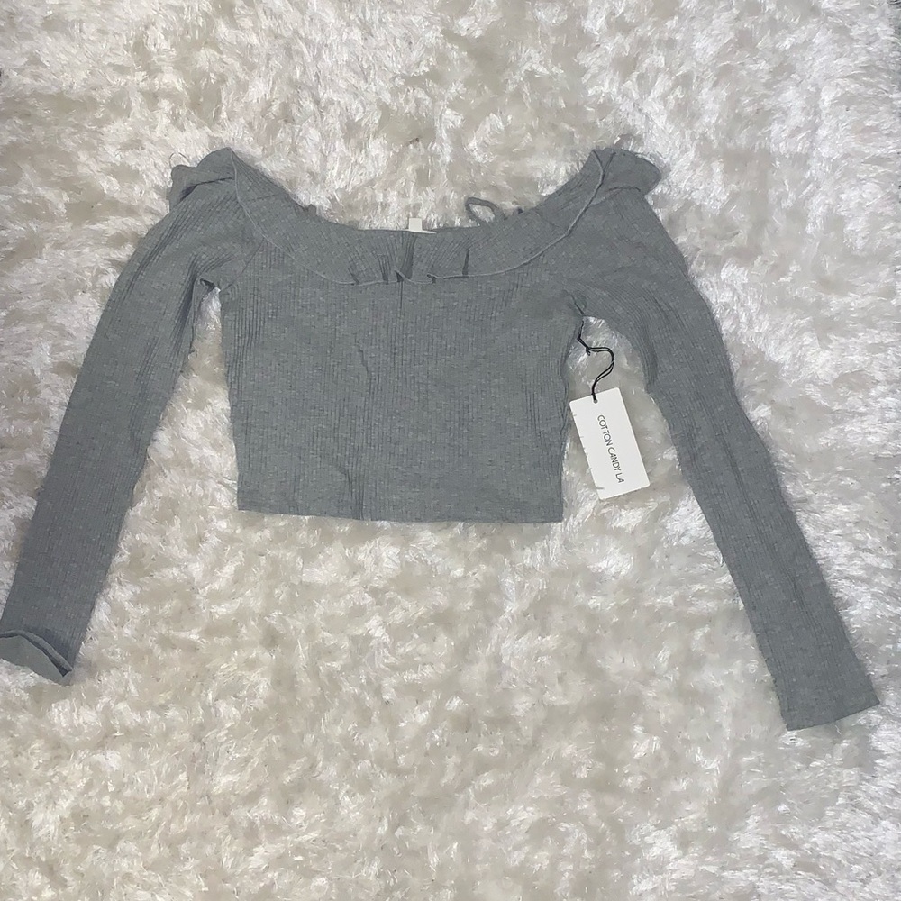 Gray Long-Sleeve Crop Top (off-the-shoulder)